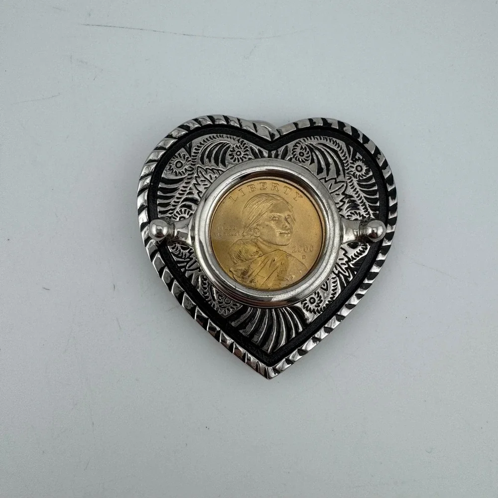 Belt Buckle Silver Tone Heart Sacagawea Coin Western Scroll Excellent